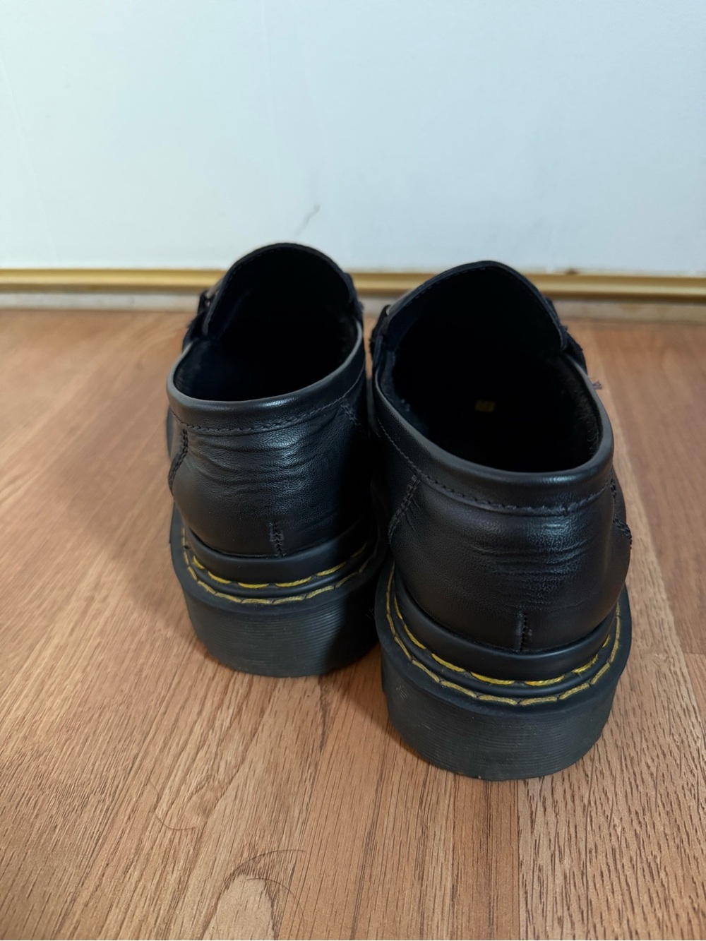Dr. Martens Black Leather Penny Loafers with Yellow Stitching and Silver Plate - Picture 4 of 7